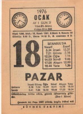 18 Ocak 1976 Takvim Yaprağı EFM(N)4819 - 1