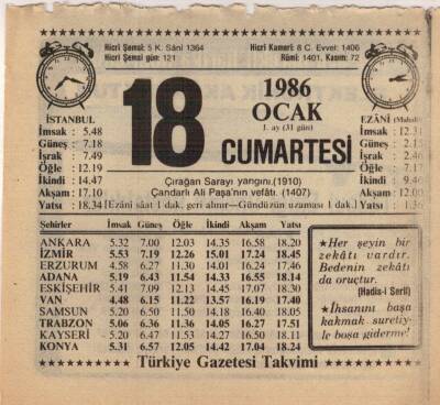 18 Ocak 1986 Takvim Yaprağı EFM(N)5036 - 1