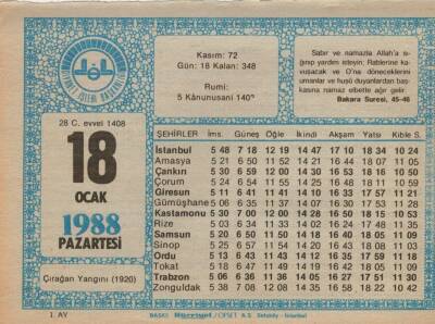 18 Ocak 1988 Takvim Yaprağı EFM(N)4912 - 1