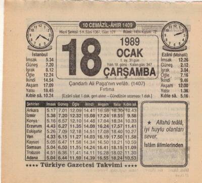 18 Ocak 1989 Takvim Yaprağı EFM(N)4726 - 1