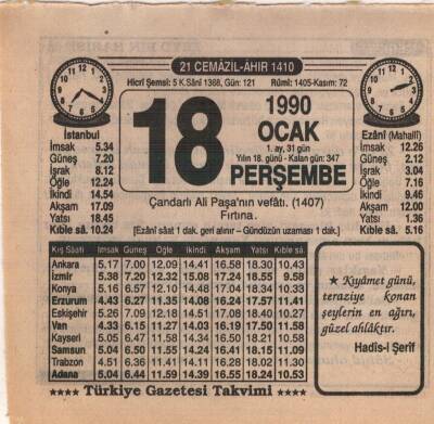 18 Ocak 1990 Takvim Yaprağı EFM(N)4695 - 1