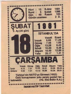 18 Şubat 1981 Takvim Yaprağı EFM(N)5425 - 1