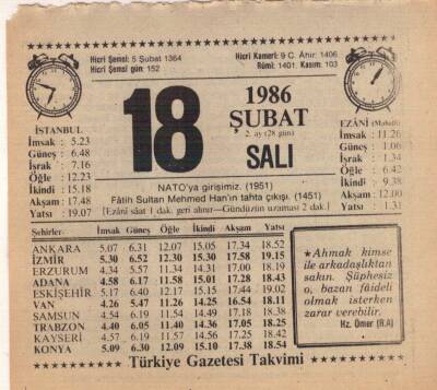 18 Şubat 1986 Takvim Yaprağı EFM(N)5229 - 1