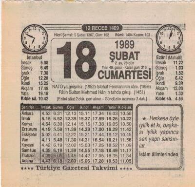 18 Şubat 1989 Takvim Yaprağı EFM(N)5370 - 1