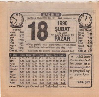 18 Şubat 1990 Takvim Yaprağı EFM(N)5201 - 1