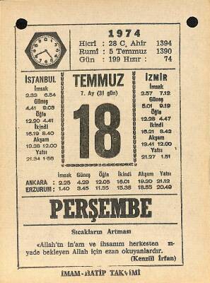 18 Temmuz 1974 Takvim Yaprağı - Doğum Günü Hediyesi EFM(N)12113 - 1