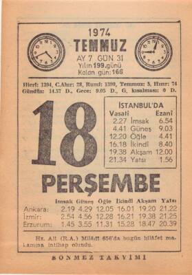 18 Temmuz 1974 Takvim Yaprağı EFM(N)2043 - 3