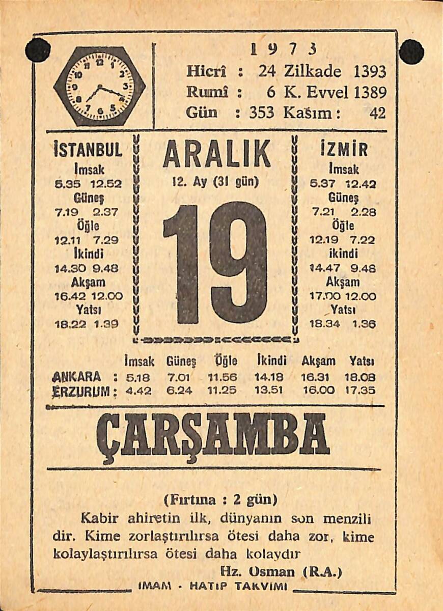 19 Aralık 1973 Takvim Yaprağı - Doğum Günü Hediyesi EFMN13668 - 1