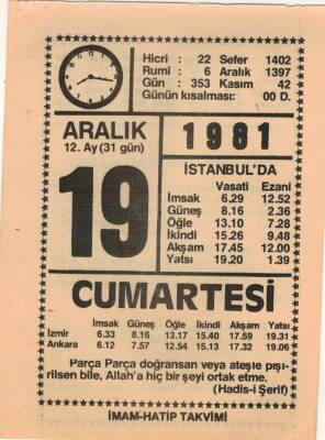 19 Aralık 1981 Takvim Yaprağı EFM(N)4424 - 3