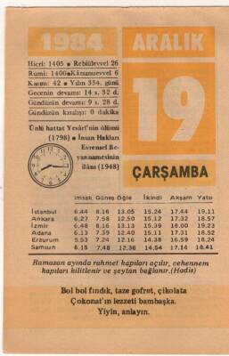 19 Aralık 1984 Takvim Yaprağı EFM(N)4178 - 1