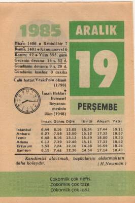 19 Aralık 1985 Takvim Yaprağı EFM(N)4116 - 3