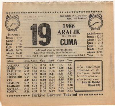 19 Aralık 1986 Takvim Yaprağı EFM(N)4331 - 1