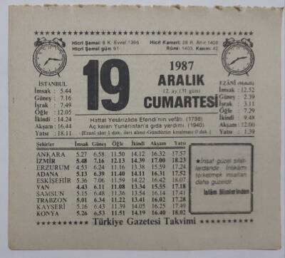 19 Aralık 1987 Takvim Yaprağı - Doğum Günü Hediyesi EFM(N)7188 - 1