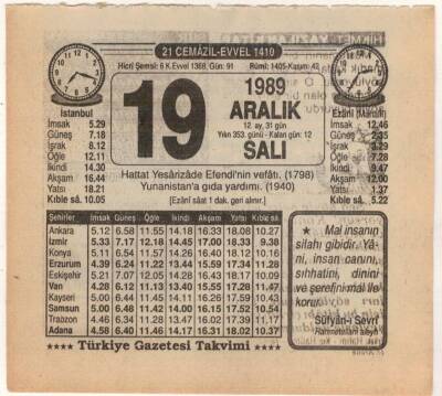 19 Aralık 1989 Takvim Yaprağı EFM(N)4209 - 3