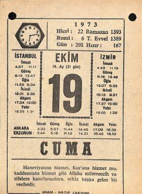 19 Ekim 1973 Takvim Yaprağı - Doğum Günü Hediyesi EFM(N)10601 - 4