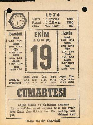 19 Ekim 1974 Takvim Yaprağı - Doğum Günü Hediyesi EFM(N)10580 - 4