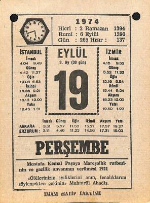 19 Eylül 1974 Takvim Yaprağı - Doğum Günü Hediyesi EFM(N)12345 - 1