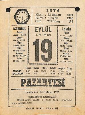 19 Eylül 1974 Takvim Yaprağı - Doğum Günü Hediyesi EFM(N)12354 - 1