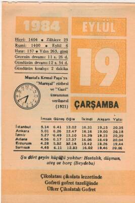 19 Eylül 1984 Takvim Yaprağı EFM(N)2789 - 3