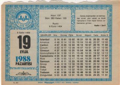 19 Eylül 1988 Takvim Yaprağı EFM(N)2908 - 3