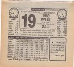 19 Eylül 1989 Takvim Yaprağı EFM(N)2857 - 3