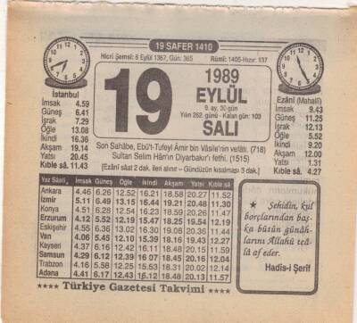 19 Eylül 1989 Takvim Yaprağı EFM(N)2857 - 2