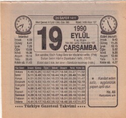 19 Eylül 1990 Takvim Yaprağı EFM(N)2874 - 3