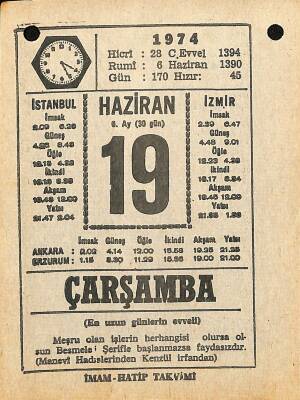 19 Haziran 1974 Takvim Yaprağı - Doğum Günü Hediyesi EFM(N)11956 - 1