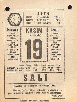 19 Kasım 1974 Takvim Yaprağı - Doğum Günü Hediyesi EFM(N)10781 - 4