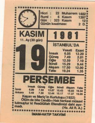 19 Kasım 1981 Takvim Yaprağı EFM(N)4271 - 3