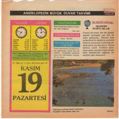 19 Kasım 1984 Takvim Yaprağı EFM(N)4055 - 3