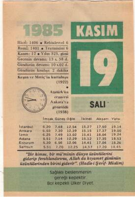 19 Kasım 1985 Takvim Yaprağı EFM(N)3389 - 3