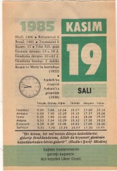 19 Kasım 1985 Takvim Yaprağı EFM(N)3389 - 2