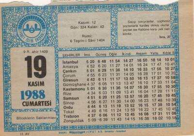 19 Kasım 1988 Takvim Yaprağı EFM(N)3449 - 3