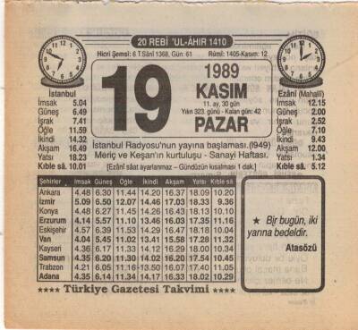 19 Kasım 1989 Takvim Yaprağı EFM(N)3479 - 3