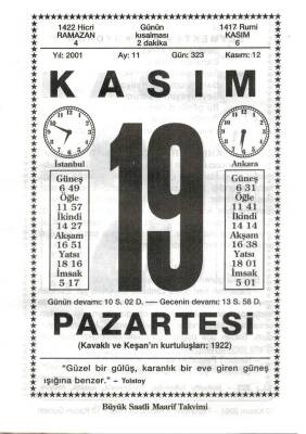 19 Kasım 2001 Takvim Yaprağı Doğum Günü Hediyesi EFM(N)4015 - 3