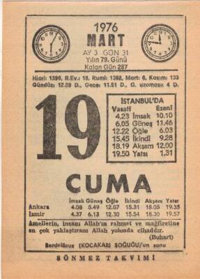 19 Mart 1976 Takvim Yaprağı EFM(N)5960 - 3