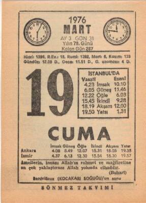 19 Mart 1976 Takvim Yaprağı EFM(N)5960 - 1