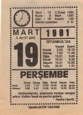 19 Mart 1981 Takvim Yaprağı EFM(N)6021 - 3