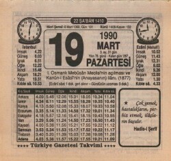 19 Mart 1990 Takvim Yaprağı EFM(N)5991 - 2