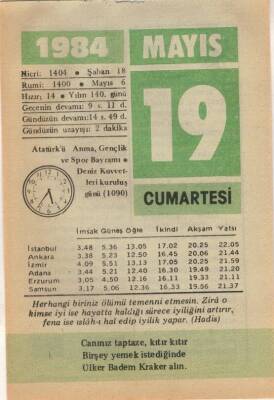 19 Mayıs 1984 Takvim Yaprağı EFM(N)6228 - 1