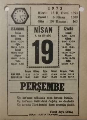 19 Nisan 1973 Takvim Yaprağı - Doğum Günü Hediyesi EFM(N)8116 - 1