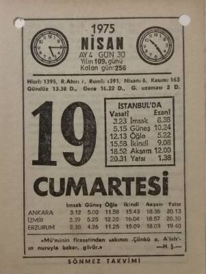 19 Nisan 1975 Takvim Yaprağı - Doğum Günü Hediyesi EFM(N)8146 - 1