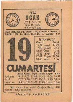 19 Ocak 1974 Takvim Yaprağı EFM(N)4882 - 1