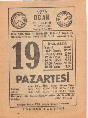 19 Ocak 1976 Takvim Yaprağı EFM(N)4820 - 1