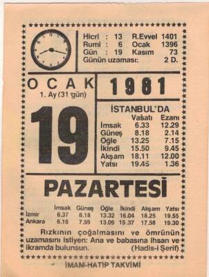 19 Ocak 1981 Takvim Yaprağı EFM(N)4665 - 1