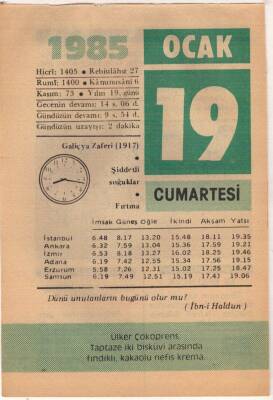 19 Ocak 1985 Takvim Yaprağı EFM(N)4789 - 1