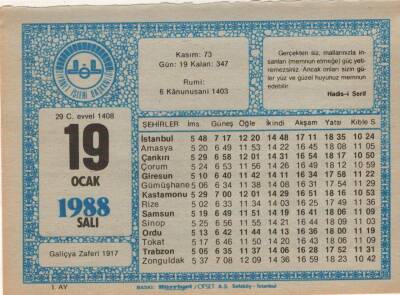 19 Ocak 1988 Takvim Yaprağı EFM(N)4913 - 1