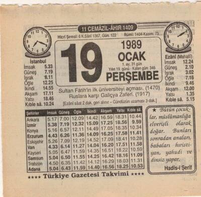 19 Ocak 1989 Takvim Yaprağı EFM(N)4727 - 1