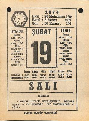 19 Şubat 1974 Takvim Yaprağı - Doğum Günü Hediyesi EFM(N)12268 - 1